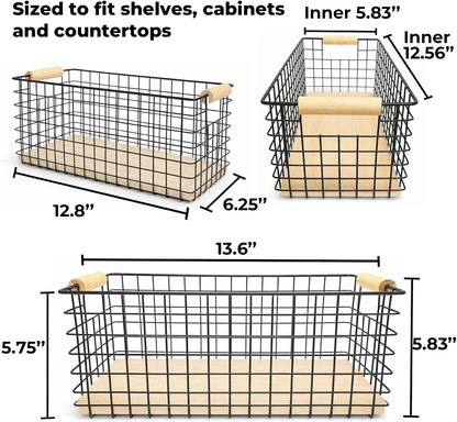 Wire Storage Baskets with Solid Wood Handles, Set of 2 – Metal Organizer Basket with MDF Base for Kitchen Countertop, Bathroom, Pantry, Entryway, Office | 12.8” x 6.25” | Black