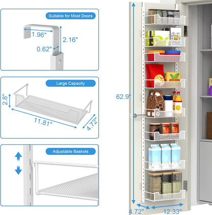 VyGrow 12.3" W Narrow Over the Door Pantry Organizer, 6-Tier Over the Door Organizer with Adjustable Basket, Pantry Door Organization for Pantry Kitchen Storage Room Spice Rack, White