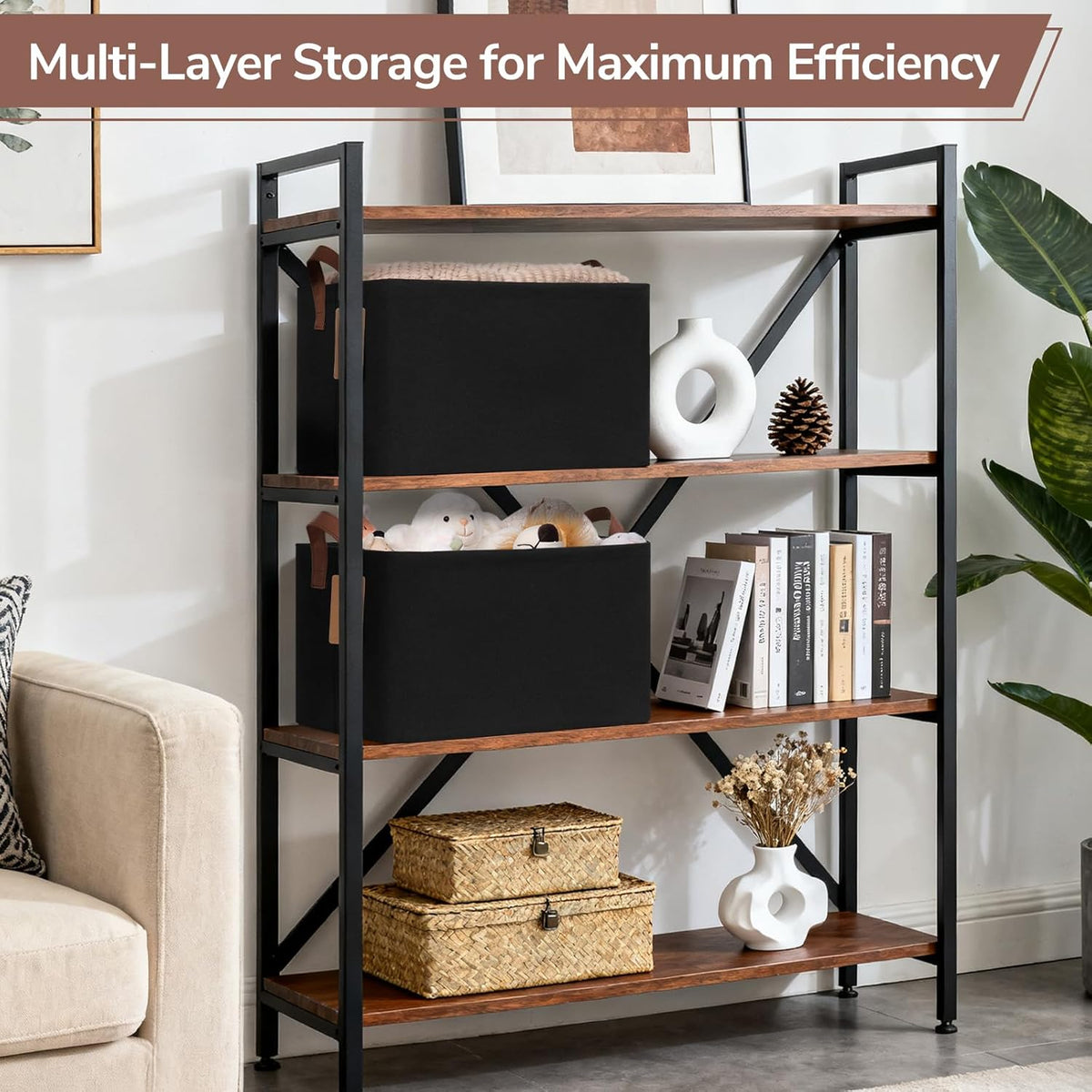CHICVITA 4 Pack Large Storage Baskets for Shelves, Collapsible Closet Organizer Bins with Metal Frame, Fabric Storage Bins for Clothes Towels Organization, 16.8" x 11" x 9.8", Beige