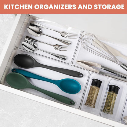 Criusia Large Drawer Organizer Bins | Complete 5 Size Clear Plastic Kitchen Drawer Organizers for Utensils | Bathroom Drawer Organizer Trays | Versatile for Makeup Office Organization
