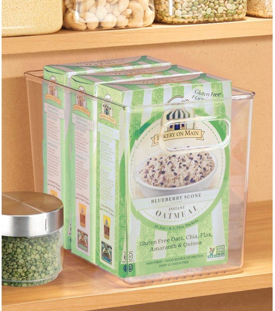 mDesign Plastic Modern Kitchen, Pantry Food Storage Container Bin w/ Handles - Cabinet, Fridge/Freezer, Countertop Organizer - Snacks/Drink/Appliances; Ligne Collection, Clear, 10x5x8 (Pack of 2)