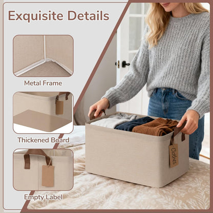 CHICVITA 4 Pack Large Storage Baskets for Shelves, Collapsible Closet Organizer Bins with Metal Frame, Fabric Storage Bins for Clothes Towels Organization, 16.8" x 11" x 9.8", Beige