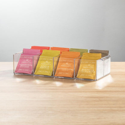 mDesign Plastic Condiment Organizer and Tea Bag Holder - 8-Compartment Kitchen Pantry/Countertop Storage Caddy - Divided Chip, Snack, Oatmeal Packet Holder - Lumiere Collection - Clear