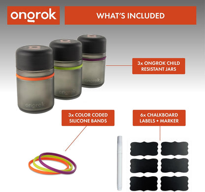 ONGROK Glass Storage Jar, 180ml | UV Herb/Spice Jar with Child‑Resistant Lid, Color‑Coded Glass Containers to Preserve Smell and Aroma
