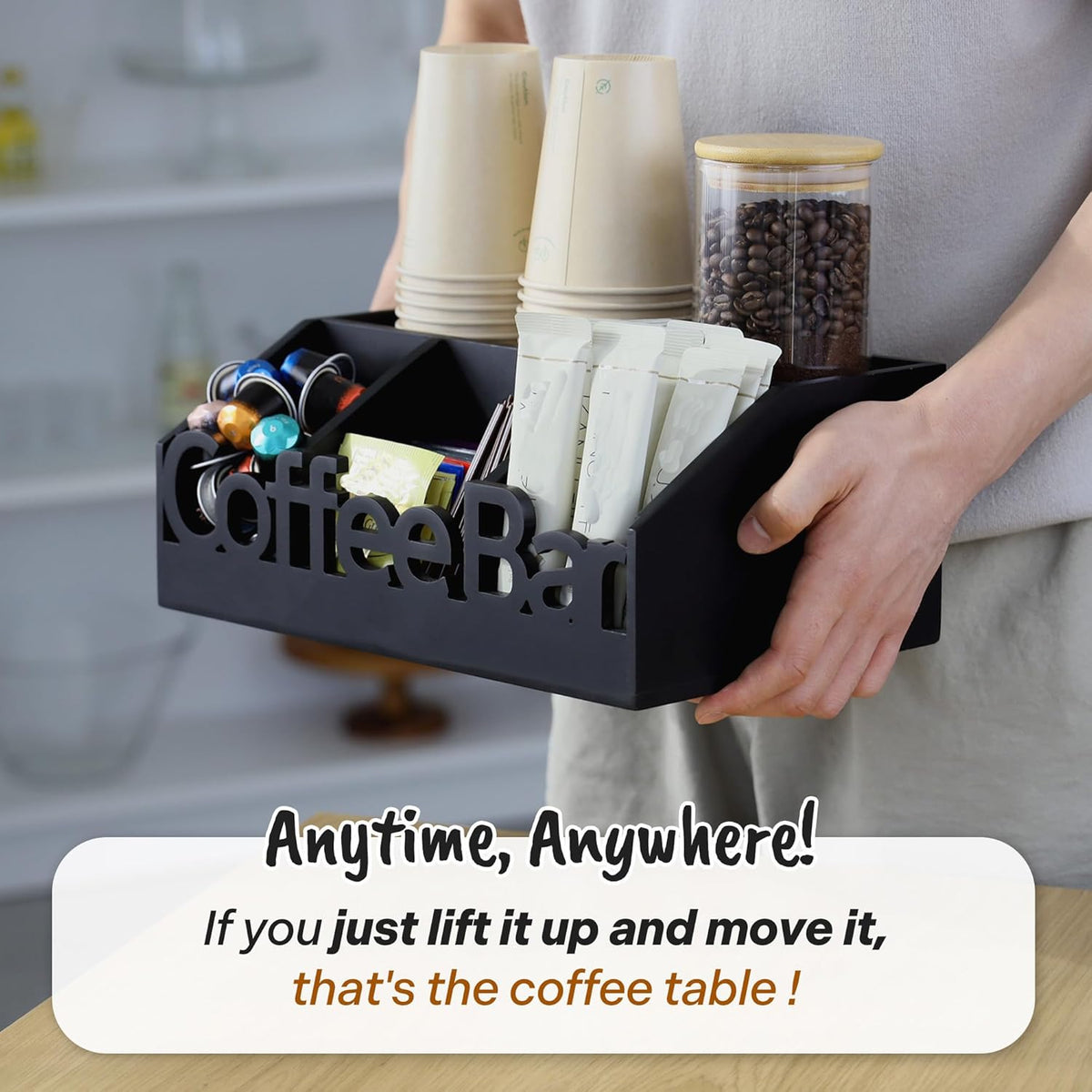Coffee Bar Organizer for Countertop – Wooden Coffee Caddy with Compartments for Pods, Sugar Packets, and Accessories – Coffee Condiment Station Storage for Home and Office (Black)