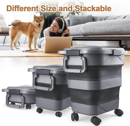 Dog Food Storage Container，10-25 lbs Airtight Collapsible Cat Food Storage Container with Attachable Wheels, Portable Handle, Dog Food Scoop for Dog Cat Bird Pet Dry Food Storage Bin Dark Grey