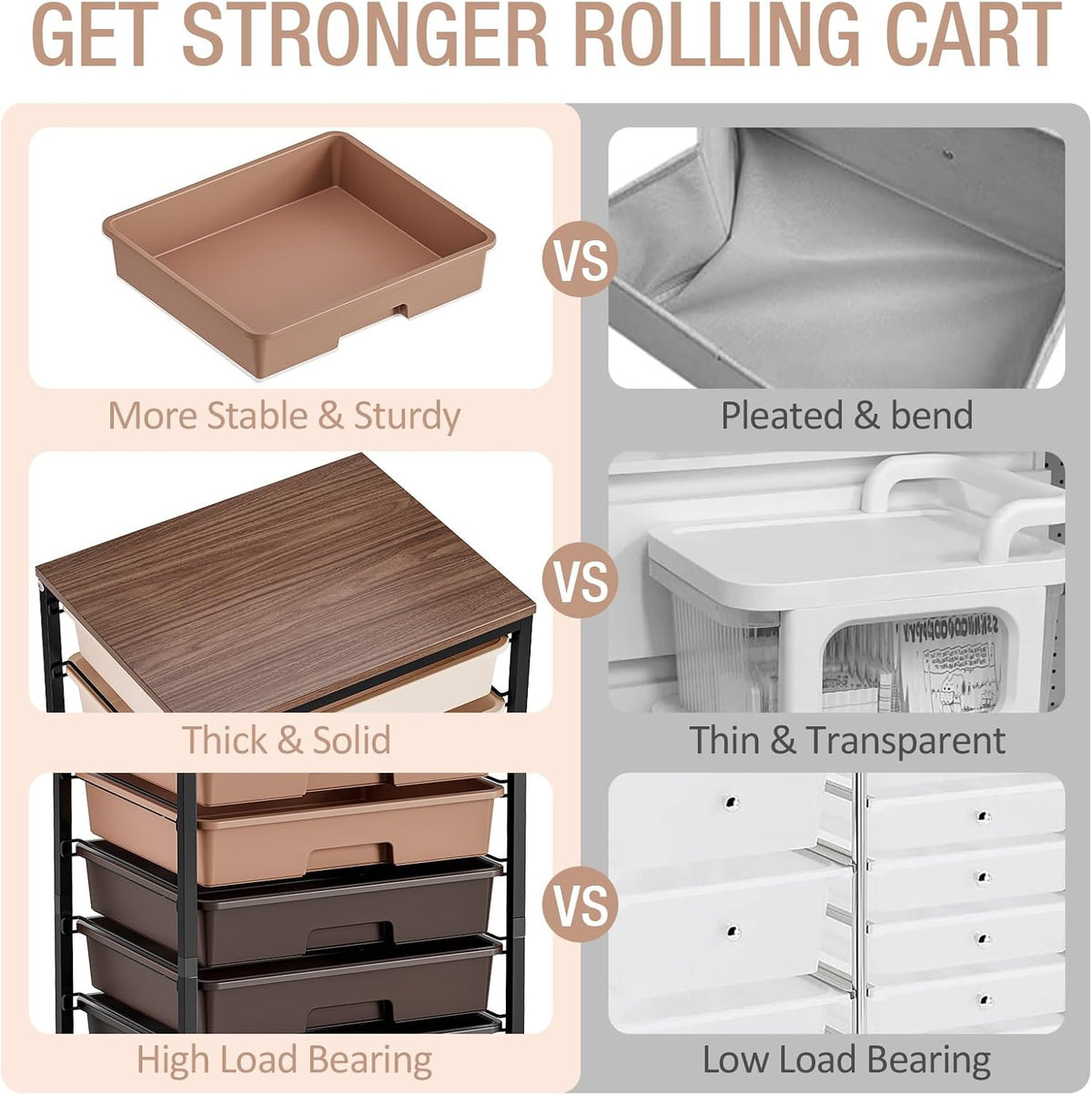 Rolling Cart with Drawers, Pink Cart with 8 Plastic Drawer Storage and Wooden Tabletop, Craft Storage, Teacher Cart, Storage Cart on Wheels, Rose Pink