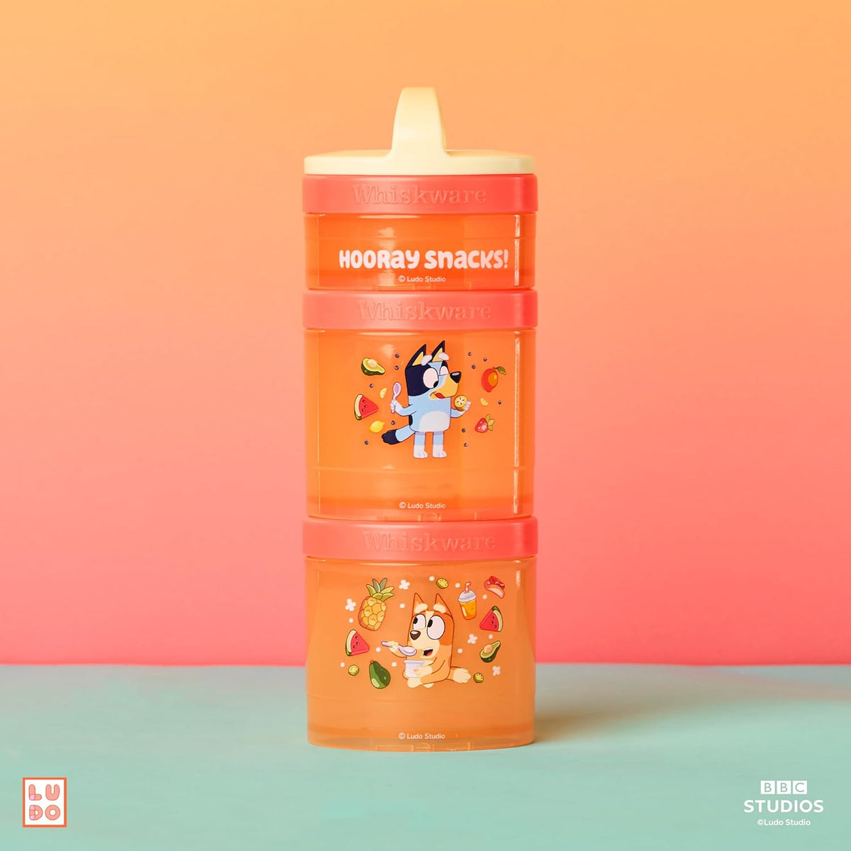Whiskware Bluey Stackable Snack Containers for Babies, Toddlers, and Kids, 3 Stackable Snack Cups for School and Travel, Cupholder Friendly, Bluey and Bingo! Let’s Do This!
