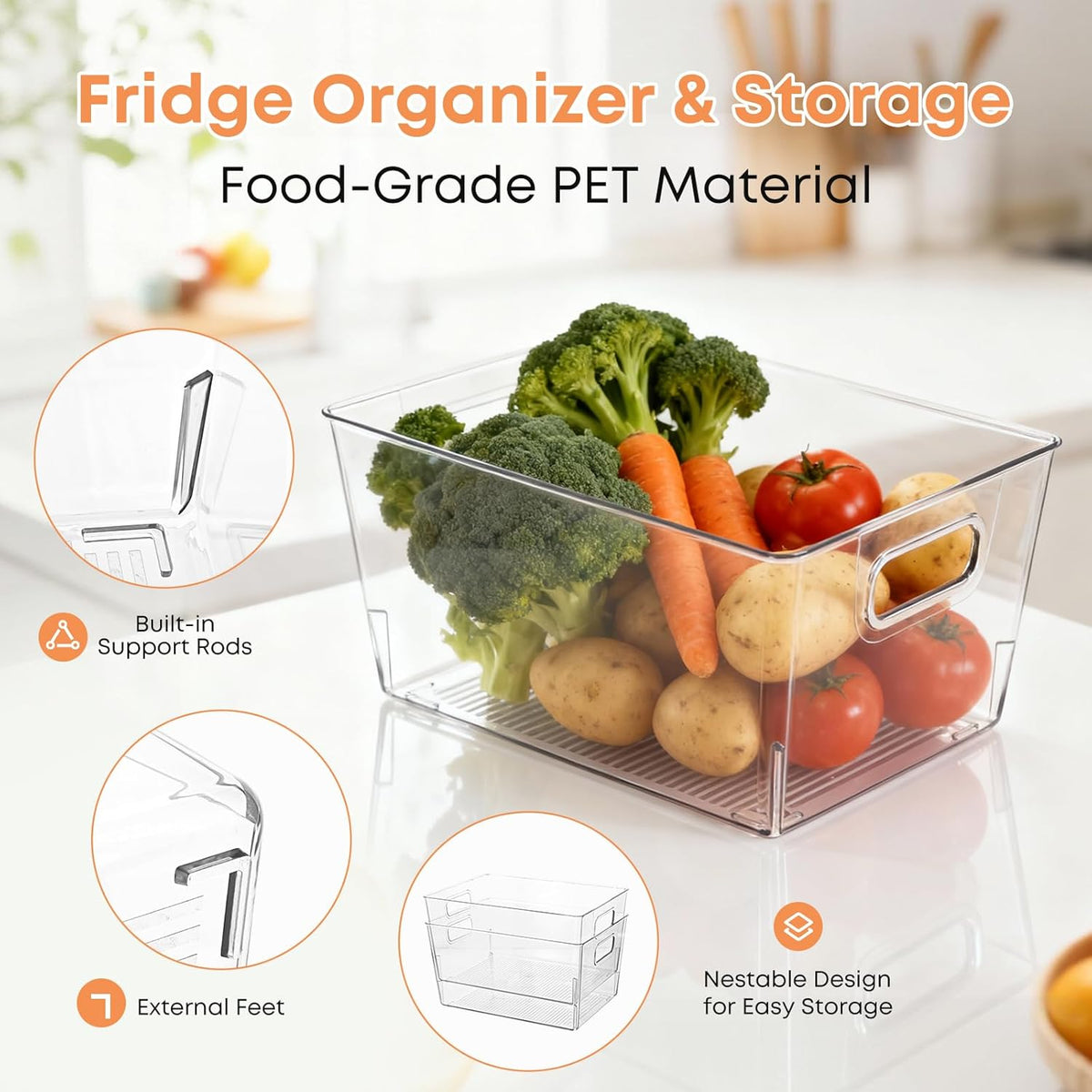 MOONEDGE Set of 4 Clear Plastic Organizer Bins, 2 Large & 2 Small Storage Bins for Pantry, Nestable Space-Saving Containers for Cabinets, Under-Sink, Bathroom, Kitchen & Freezer Organization