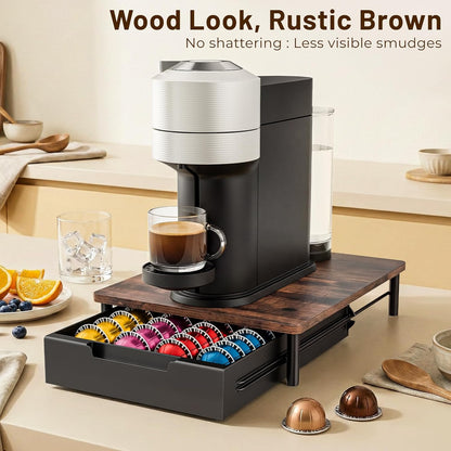 Coffee Pod Drawer Organizer for Nespresso Vertuo, Patented Flexible Slot Design Holds Up to 40 Large Capsules, Rustic Wood Look, Fits Under Coffee Machines