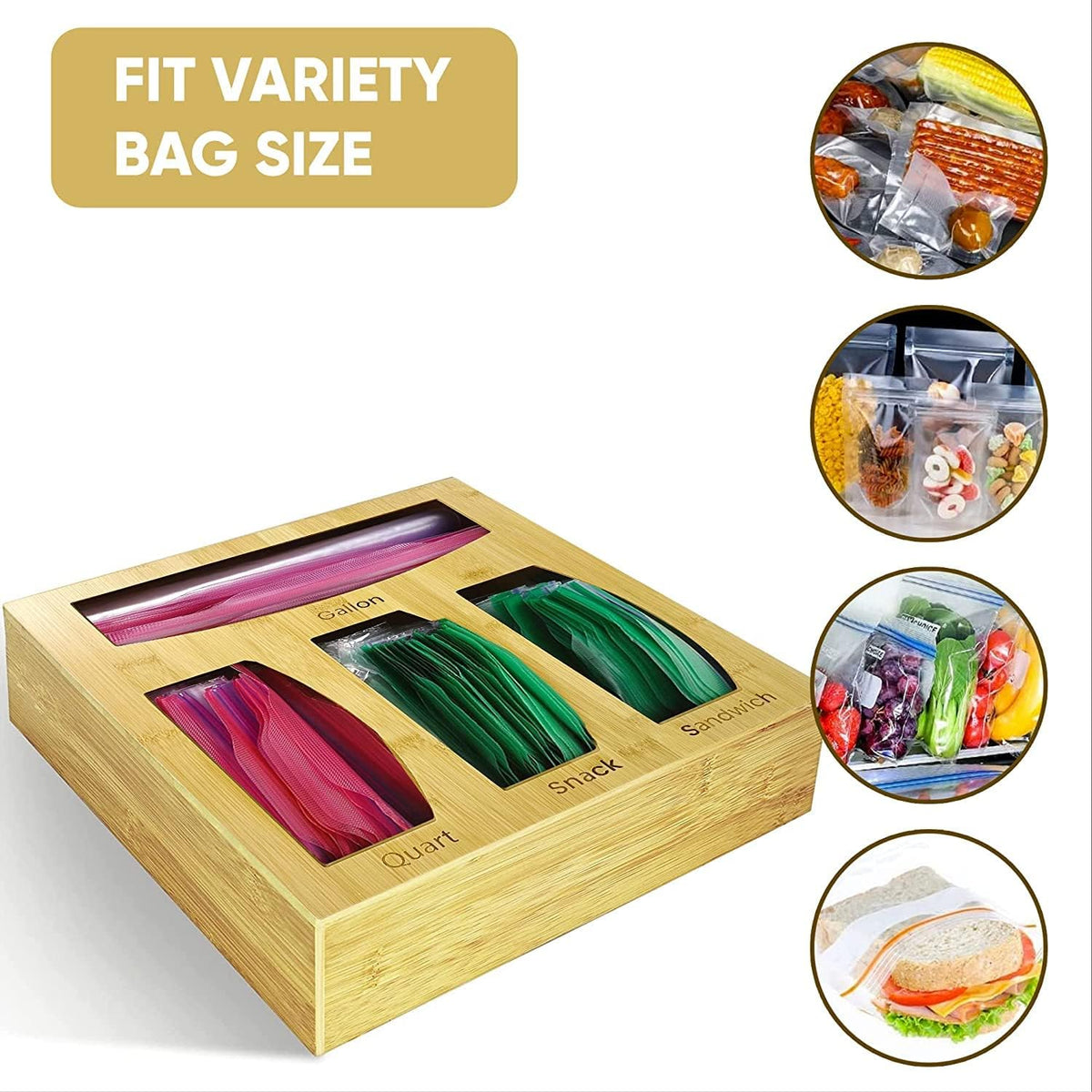 Bamboo Food Bag Storage Organizer for Kitchen Drawer, Baggie Holder for Solimo, Glad, Hefty Gallon, Quart, Sandwich and Snack Variety Size Bags (1 Box 4 Slots)