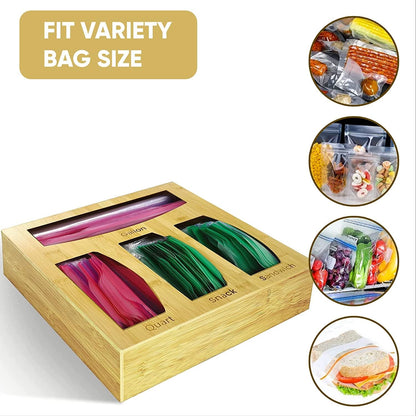 Bamboo Food Bag Storage Organizer for Kitchen Drawer, Baggie Holder for Solimo, Glad, Hefty Gallon, Quart, Sandwich and Snack Variety Size Bags (1 Box 4 Slots)