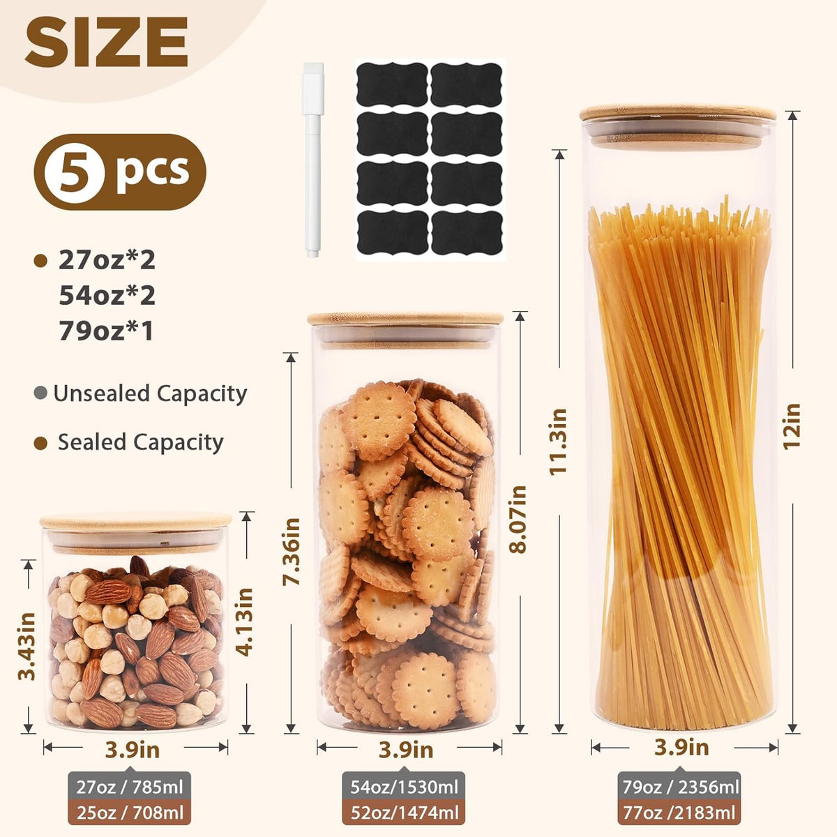 SHOWIN Glass Food Storage Jars Square 37oz, 4 Pack Glass Jars With Bamboo Lids, Kitchen Storage Containers For Spice, Candy, Cookie, Storage For Pantry Organizers