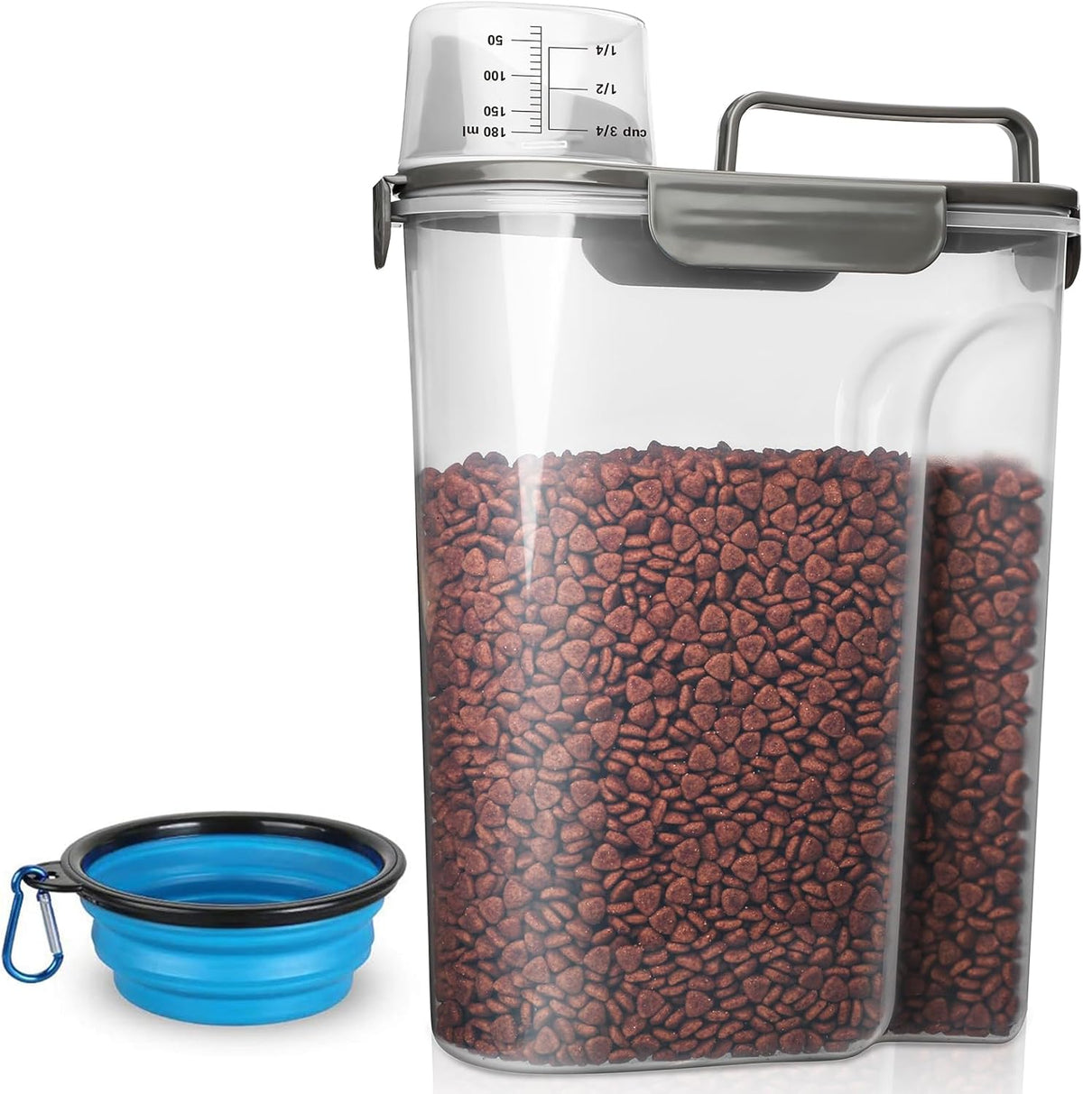 TIOVERY Upgraded Dog Food Storage Container Small, Cat Food Container Airtight, Pet Food Container Dispenser with Pour Spout, Measuring Cup and 4 Seal Buckles for Dogs, Cats, Birds (Grey)
