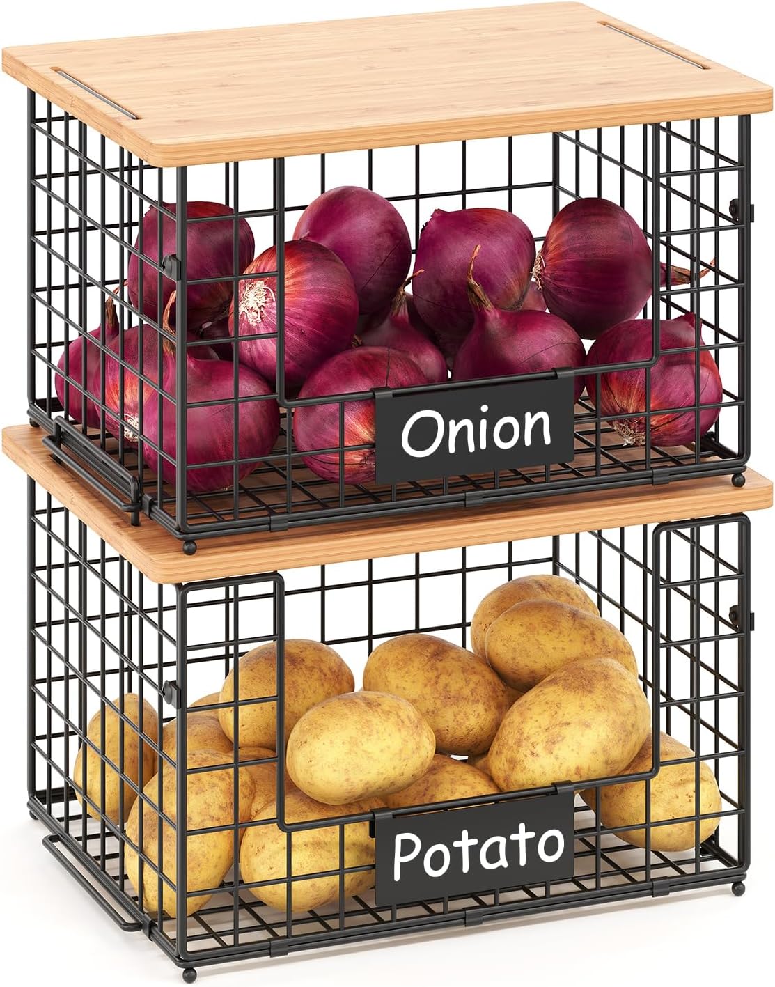 2 Pack Stackable Wire Baskets with Bamboo Top for Pantry Organizers and Storage, XXL Kitchen Organization Counter Basket for Fruit, Vegetable, Produce, Bread, Potato and Onion Storage Bins