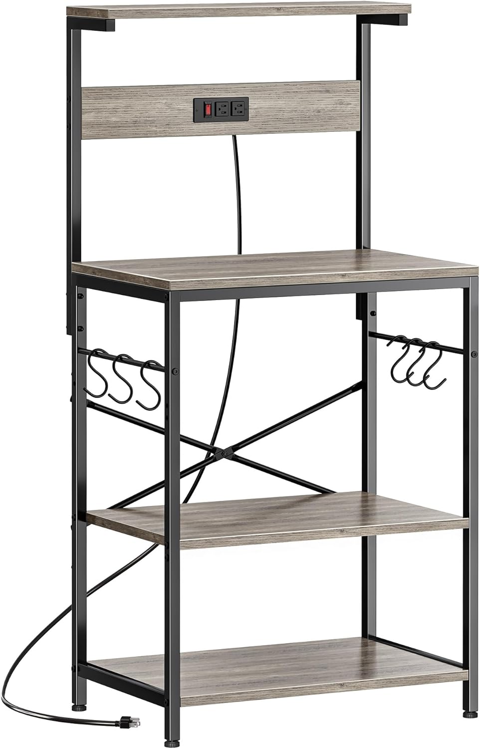 SUPERJARE Kitchen Bakers Rack with Power Outlet, Coffee Bar Table 4 Tiers, Kitchen Microwave Stand with 6 S-shaped Hooks, Storage Shelf Rack for Spices, Pots and Pans - Rustic Brown