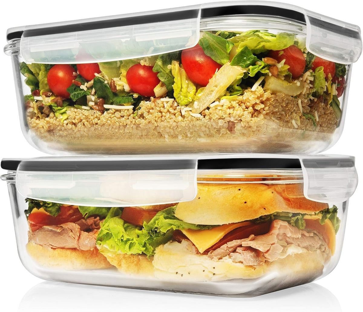 8 Cups/ 63 Oz 4 Piece (2 containers + 2 Lids) Large Glass Food Storage/ Baking Containers with Locking Lids . Ideal for Storing food, vegetables or fruits. BPA Free & Leak Proof -Microwave, Oven Safe