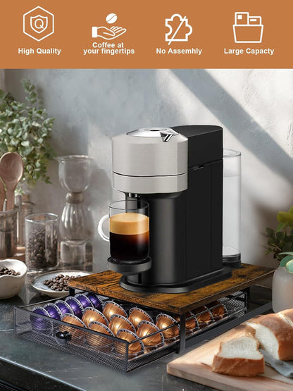 Sedegn Coffee Pod Holder Counter Coffee Vertuo Capsules Storage Organizer with Sliding Drawer Compatible For 35 K-Cup Pods No Assembly Needed Rustic Brown