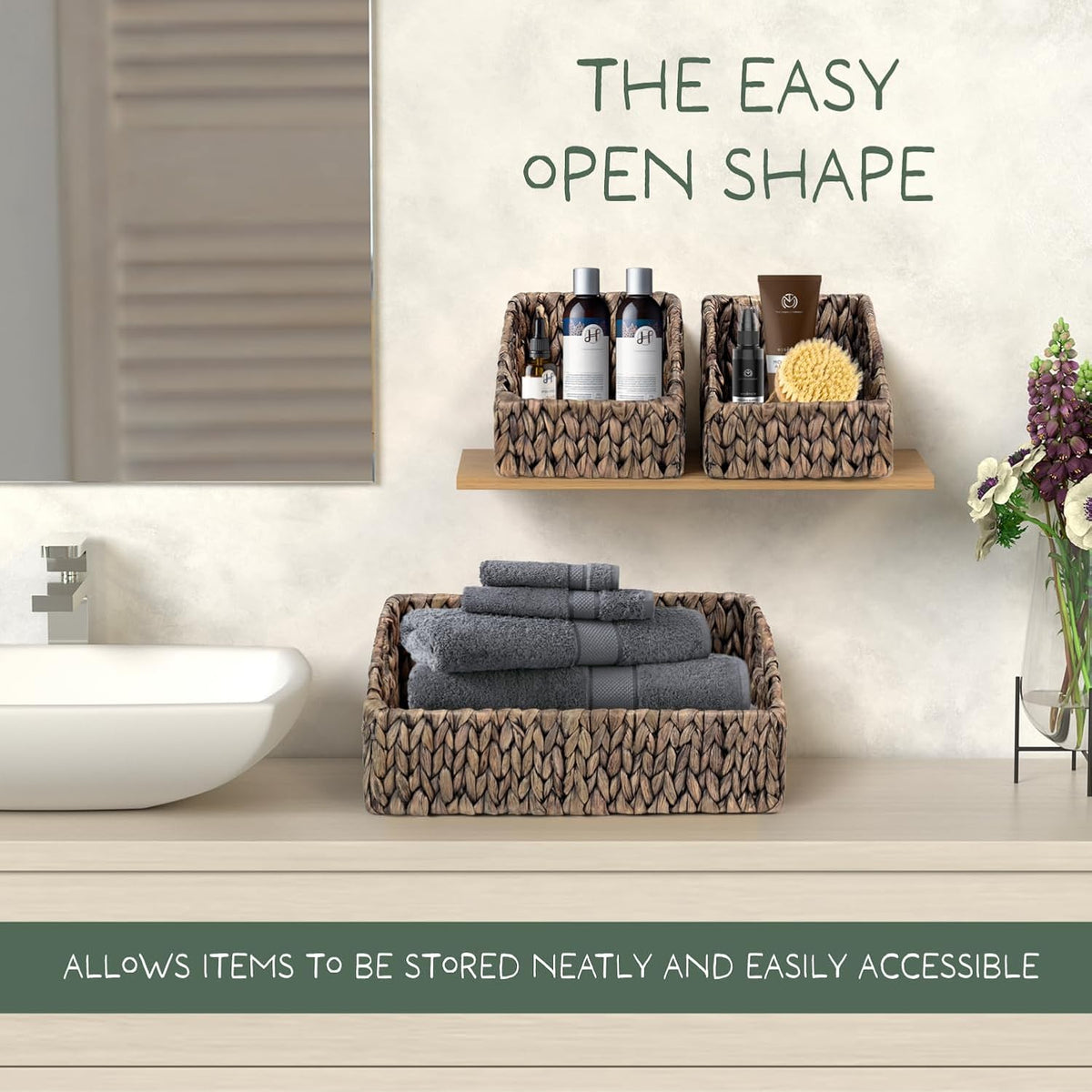 Set of 3 Handwoven Storage Baskets – Decorative Natural Wicker Organizer Bins with Built-in Handles for Bathroom, Kitchen, Pantry, Nursery, Closet, Laundry, Living Room, and Home Use