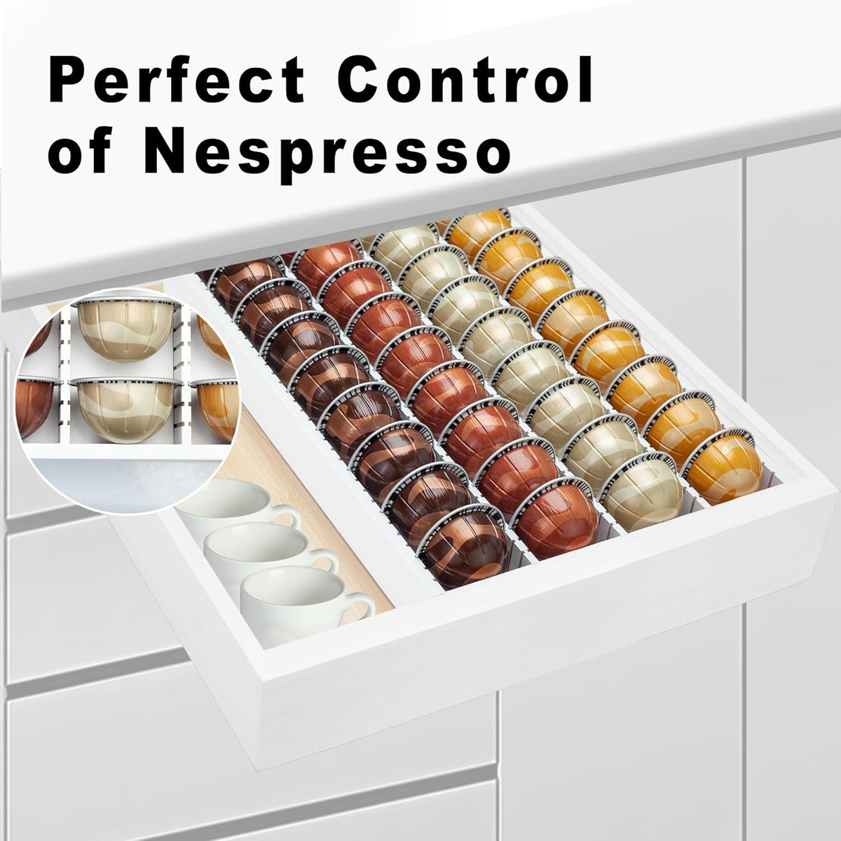 MinBoo Bamboo Coffee Pod Storage Holder Drawer Insert for Counter Compatible Nespresso Vertuo Vertuoline Capsules for Kitchen, Home, Office, Coffee Station