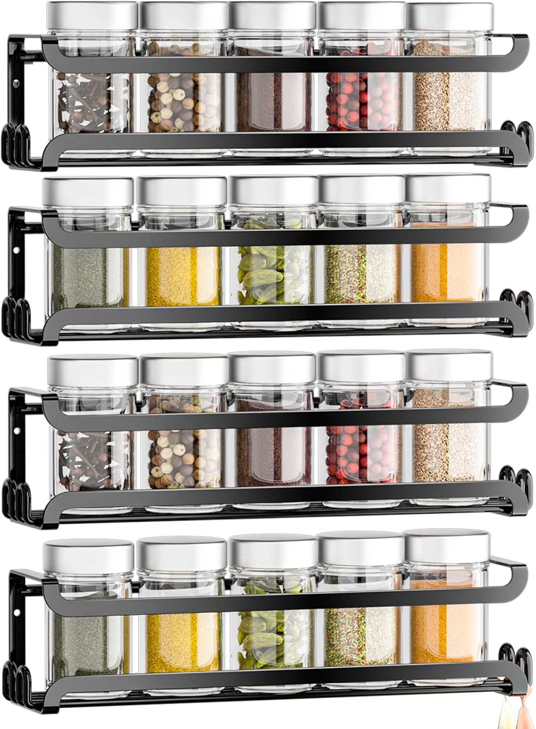 LUCYCAZ Wall Mounted Spice Rack with 8 Hooks, Spice Organizer Shelf for Stove Cabinet Pantry Door,Screw or Adhesive Spice Shelf Hanging Wall Spice Rack in Kitchen and RV (Black)