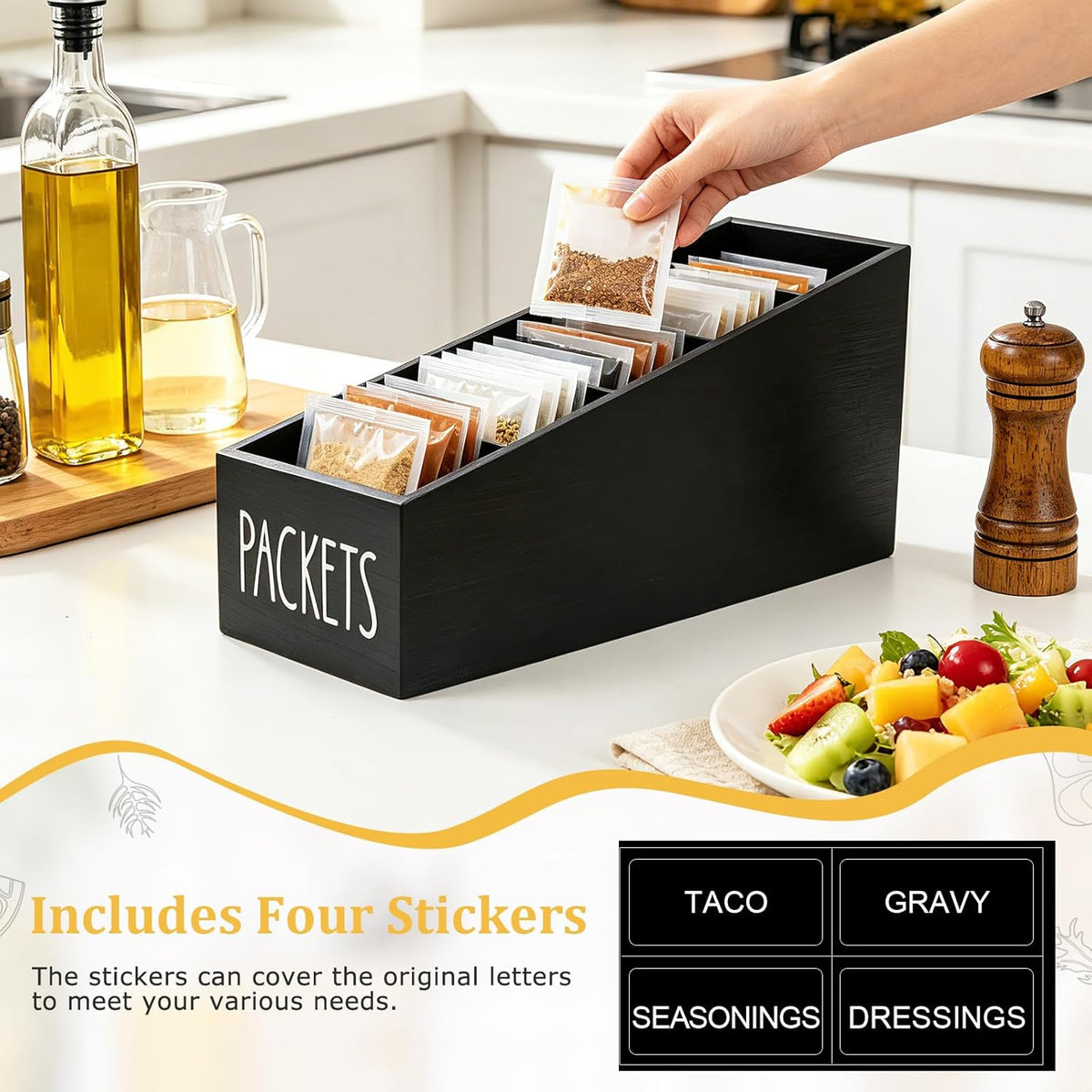 5-Section Large Capacity Seasoning Packet Organizer with Removable Dividers,Wooden Black Snack Organizer,for Kitchen Pantry Cabinet, Farmhouse Kitchen Organization Bin for Spice Packets Storage Basket