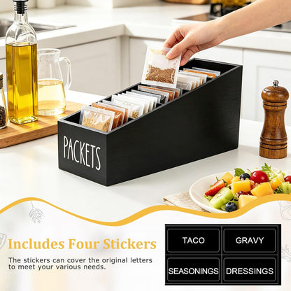 5-Section Large Capacity Seasoning Packet Organizer with Removable Dividers,Wooden Black Snack Organizer,for Kitchen Pantry Cabinet, Farmhouse Kitchen Organization Bin for Spice Packets Storage Basket