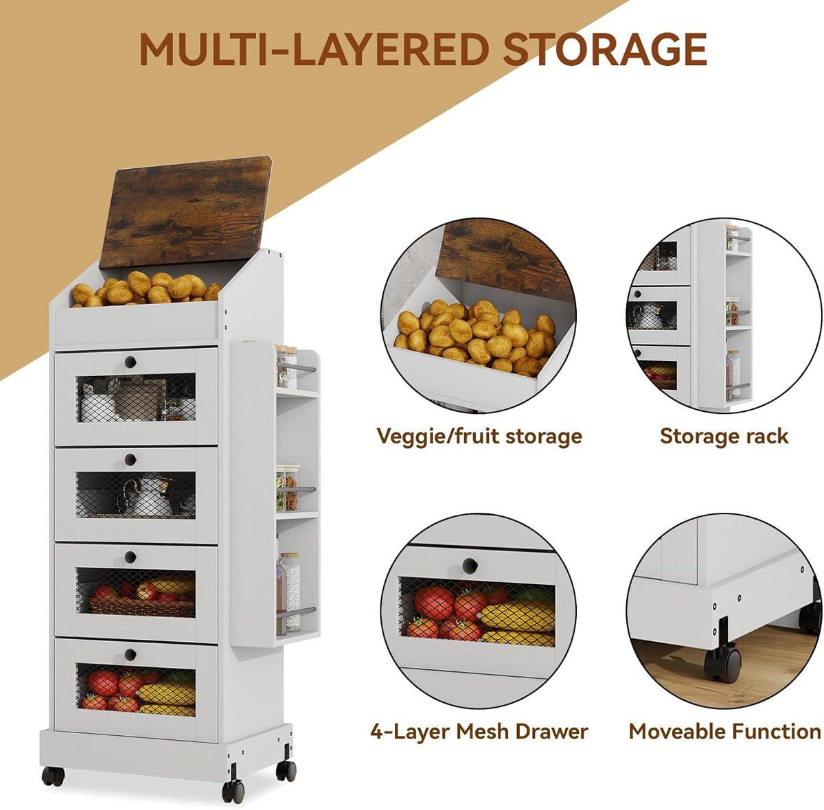 ARTETHYS Potato and Onion Storage Bin for Pantry 5-Tier Rolling Fruit and Vegetable Organizer with Spice Rack on Wheels Movable Large Bread Box Cabinet with 4 Ventilated Drawers for Kitchen, Rustic