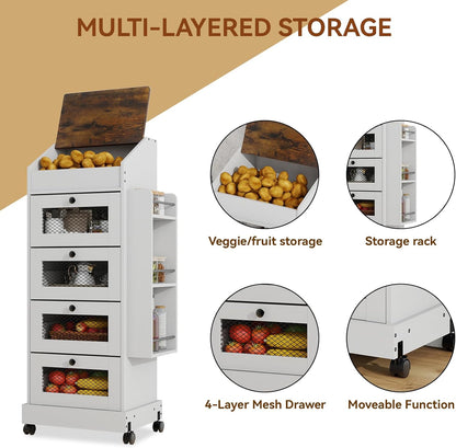 ARTETHYS Potato and Onion Storage Bin for Pantry 5-Tier Rolling Fruit and Vegetable Organizer with Spice Rack on Wheels Movable Large Bread Box Cabinet with 4 Ventilated Drawers for Kitchen, Rustic