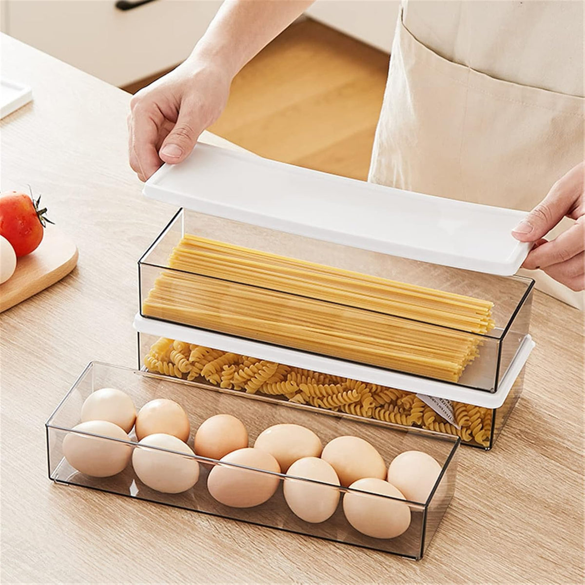 Hanobe Pasta Containers for Pantry Large Spaghetti & Noodle & Lasagna Canister 3 Pcs Clear Grey Rectangular Canister with Lock Lids Durable BPA-free Plastic Food Keeper for Kitchen Cabinet