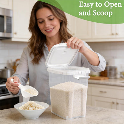Tight-Lock Rice Container 10-15 Lbs - Airtight Flour Container with Scoop - Food-Grade Plastic Food Storage Container for Cereal, Sugar - Dry Food Dispenser for Kitchen, Pantry Organizers and Storage