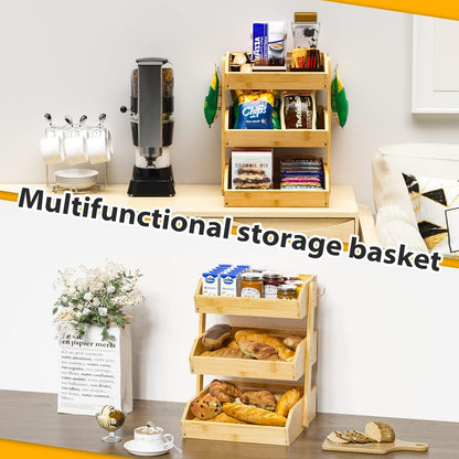 Gmtsl Bamboo Fruit Basket for Kitchen – 3 Tier Fruit Bowl For Kitchen Counter, Large Fruit Holder With 2 Banana Hangers, Idea For Fruit and Vegetable Storage, Bread Basket, Snack Organizer(BLACK)