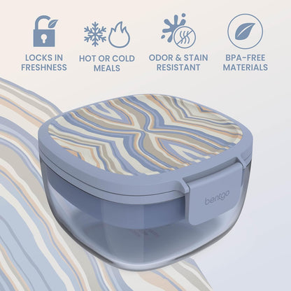 Bentgo Glass Prints Salad Container - 7.6-Cup Tinted Glass Salad Bowl with Airtight Lid, Leak-Proof Sauce Container, 4-Compartment Bento Meal Prep Tray & Reusable Fork (Floral Maximalist - Sea)