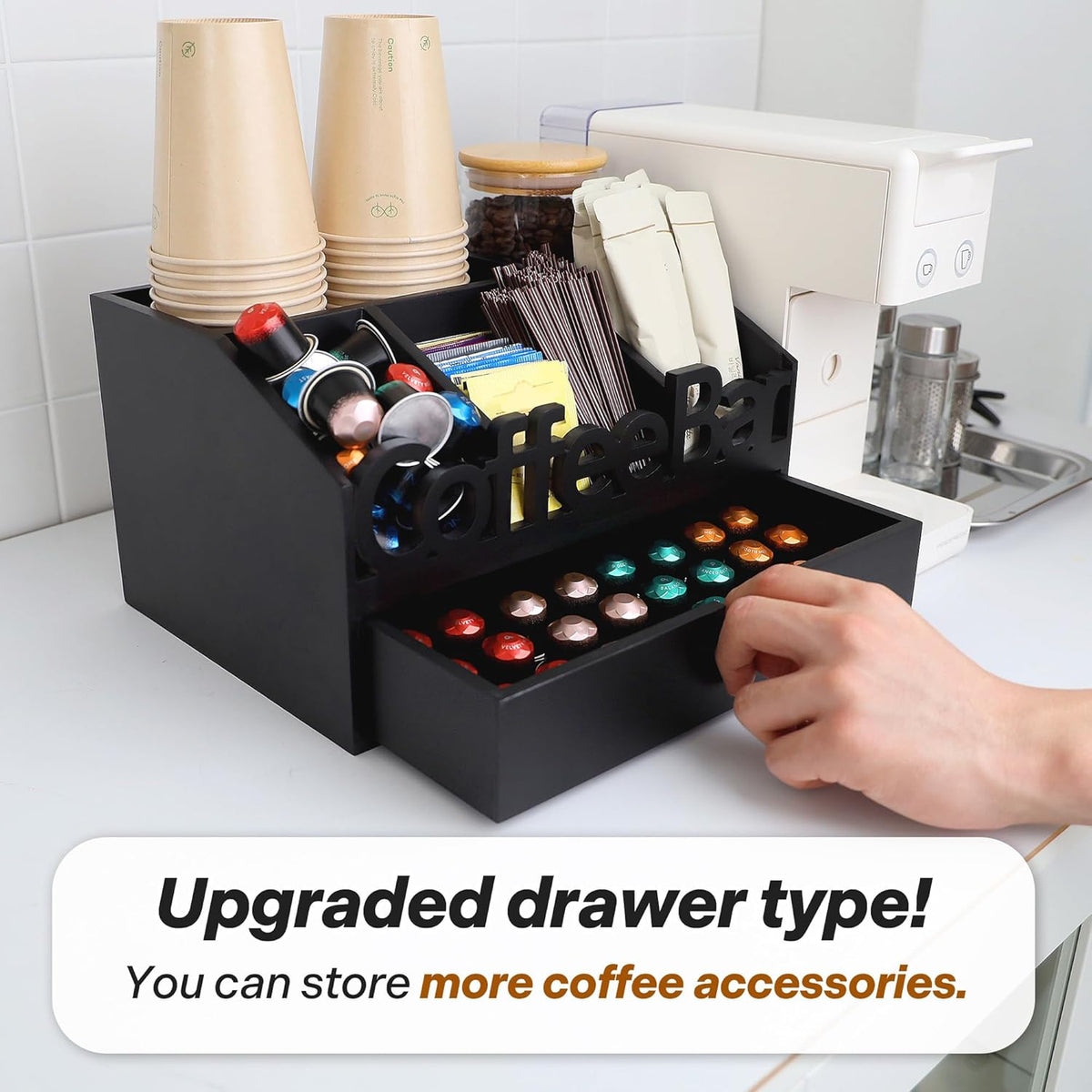 Coffee Bar Organizer for Countertop – Wooden Coffee Caddy with Compartments for Pods, Sugar Packets, and Accessories – Coffee Condiment Station Storage for Home and Office (Black)