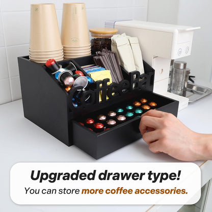Coffee Bar Organizer for Countertop – Wooden Coffee Caddy with Compartments for Pods, Sugar Packets, and Accessories – Coffee Condiment Station Storage for Home and Office (Black)