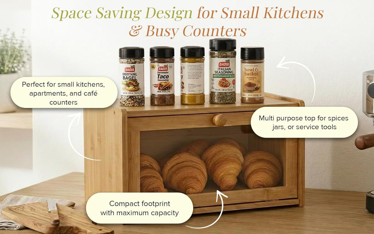 Chiron’s Pantry Bread Box with Clear View Window, Premium Bamboo Bread Storage for Kitchen Countertop, Farmhouse Organizer with Lid for Brioche, Gluten‑Free Loaves and Everyday Baked Goods