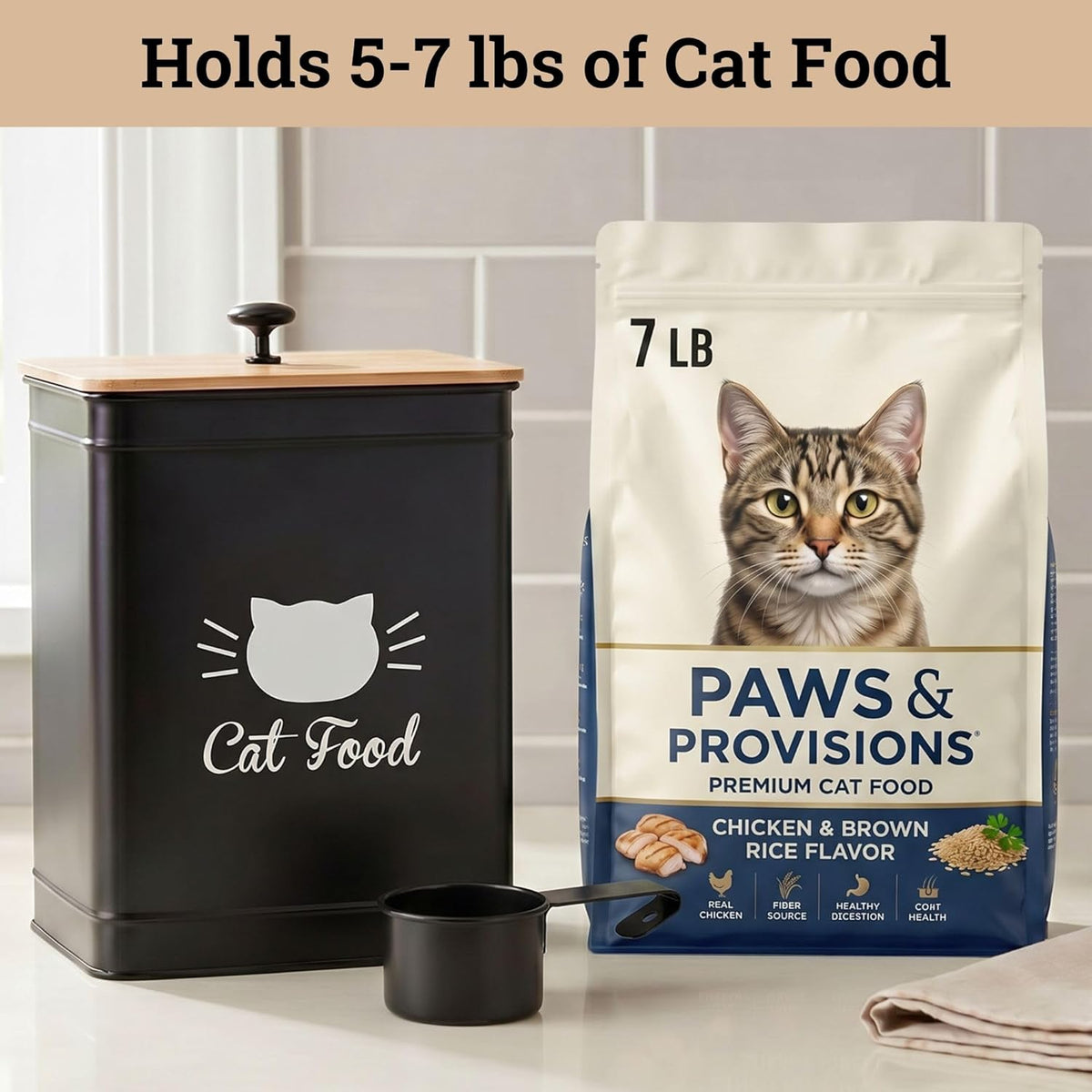 Cat Food Storage Container with Scoop - 5-7 lb (25 Cup) Capacity Metal Cat Food Container with Airtight Bamboo Lid and Metal Scoop - Airtight Pet Food Storage Containers 5 lb - 7 lb Kibble Container