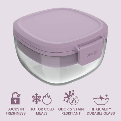 Bentgo Glass Prints Salad Container - 7.6-Cup Tinted Glass Salad Bowl with Airtight Lid, Leak-Proof Sauce Container, 4-Compartment Bento Meal Prep Tray & Reusable Fork (Floral Maximalist - Sea)