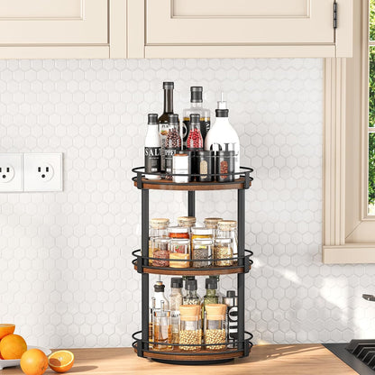 Snughome Rotating Spice Rack, 2 Tier Lazy Susan Organizer, Wood Kitchen Countertop Organizer, Brown Lazy Susan Turntable for Cabinet, 10.2" x 10.2" x 10.4"