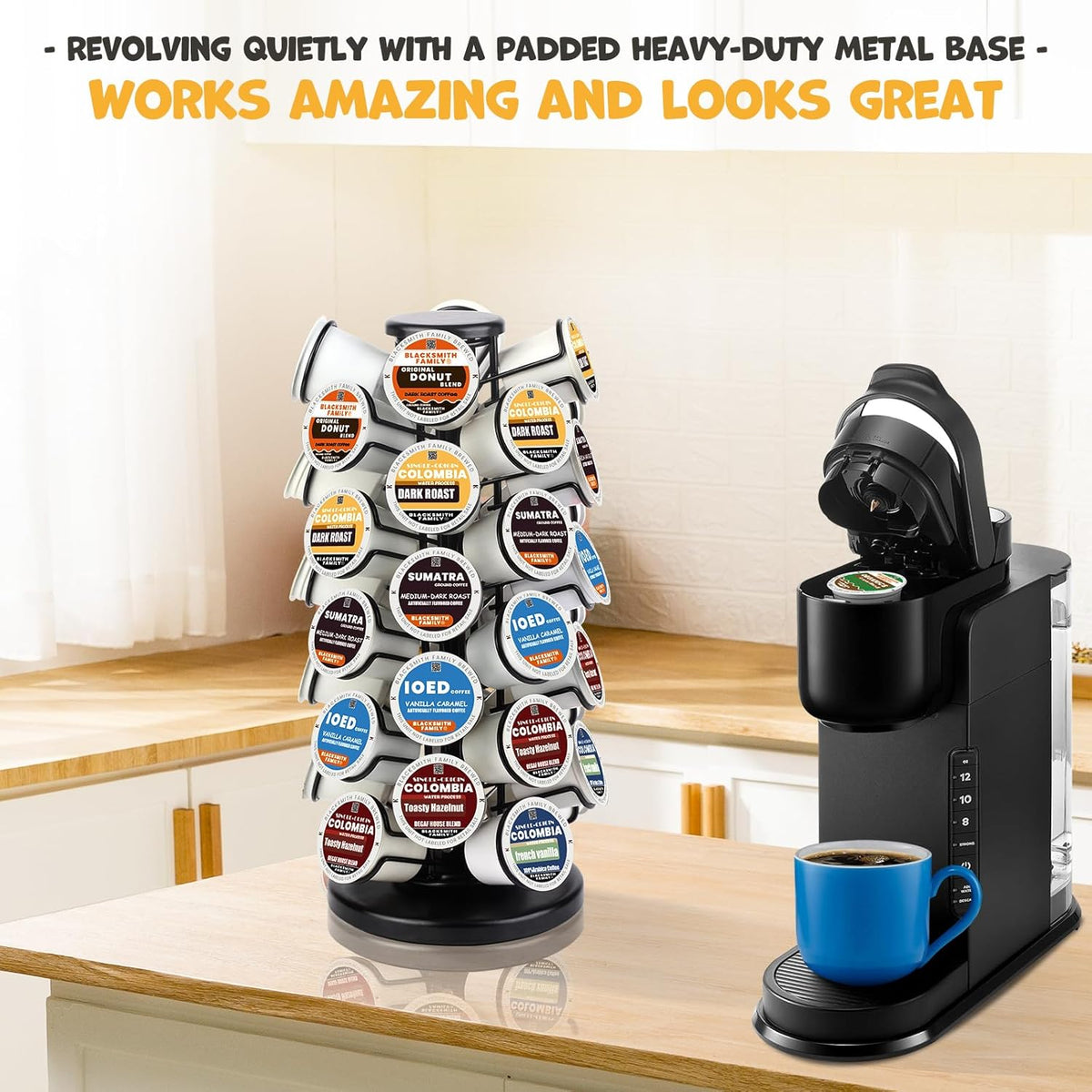 BLACKSMITH FAMILY 36 K Cup Pod Carousel Easy Assembly Design K Cup Holders,K Cup Holder, K Cups Holder,K Cup Carousel, 4-Tier Coffee Pods Holder Storage Organizer Stand,Glossy Black