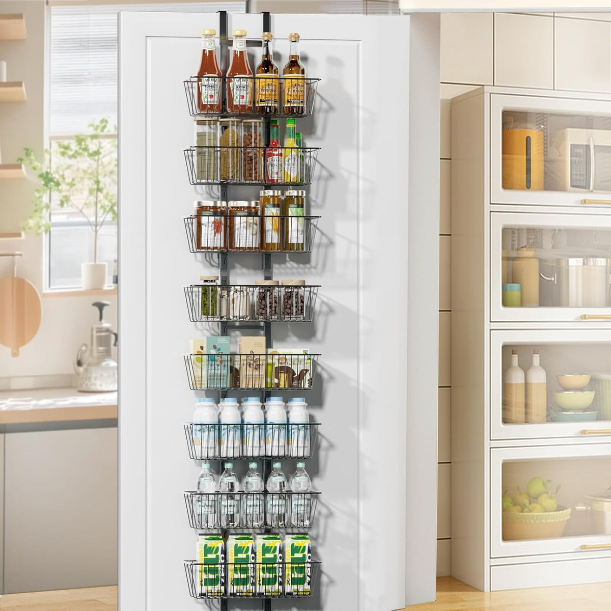 10 Tier Over the Door Pantry Organizer, Over the Door Spice Rack with Adjustable Baskets, Metal Hanging Door Pantry Organizers and Storage for Kitchen Bathroom Bedroom, White