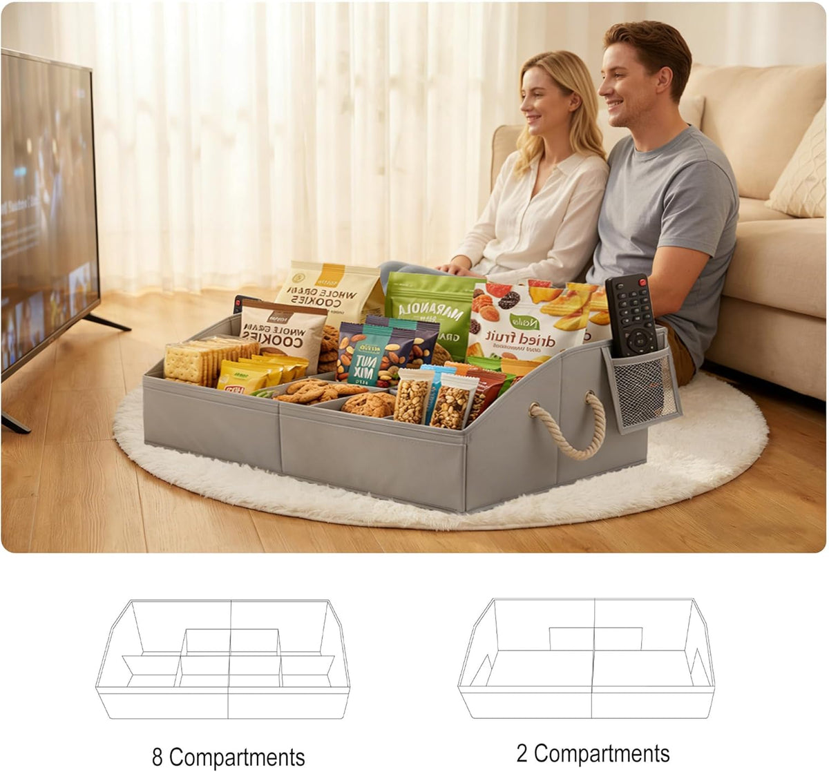 VAESIDA Large Snack Organizer for Countertop, Foldable Storage Basket with 8 Adjustable Compartments & Handles, 28'' Snack Containers Box for Pantry, Snack Bar Station & Movie Night Supplies