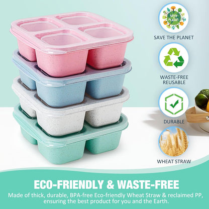 Caperci Lunchable Snack Containers - 4 Pack Bento Snack Boxes with 4-Compartment, 2 Leakproof Dip Cups, Reusable Divided Food Containers for School, Work, Travel (Jewel Brights)