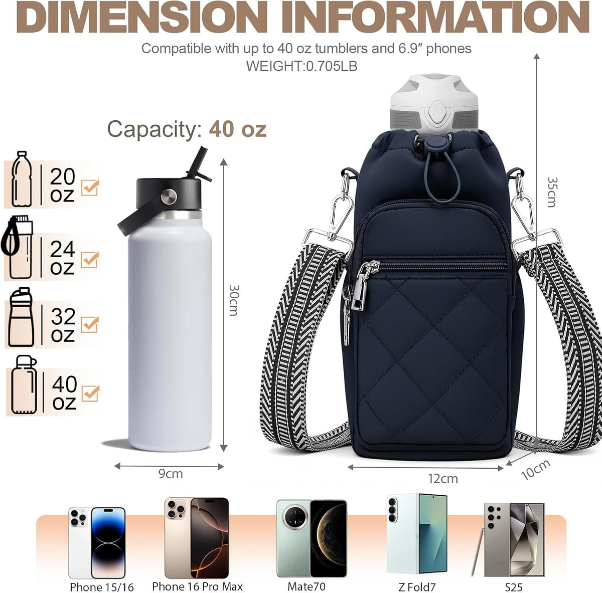 SYTRAH Water Bottle Carrier Bag with Strap, Water Bottle Purse with Phone Pocket 40oz for Walking Hiking