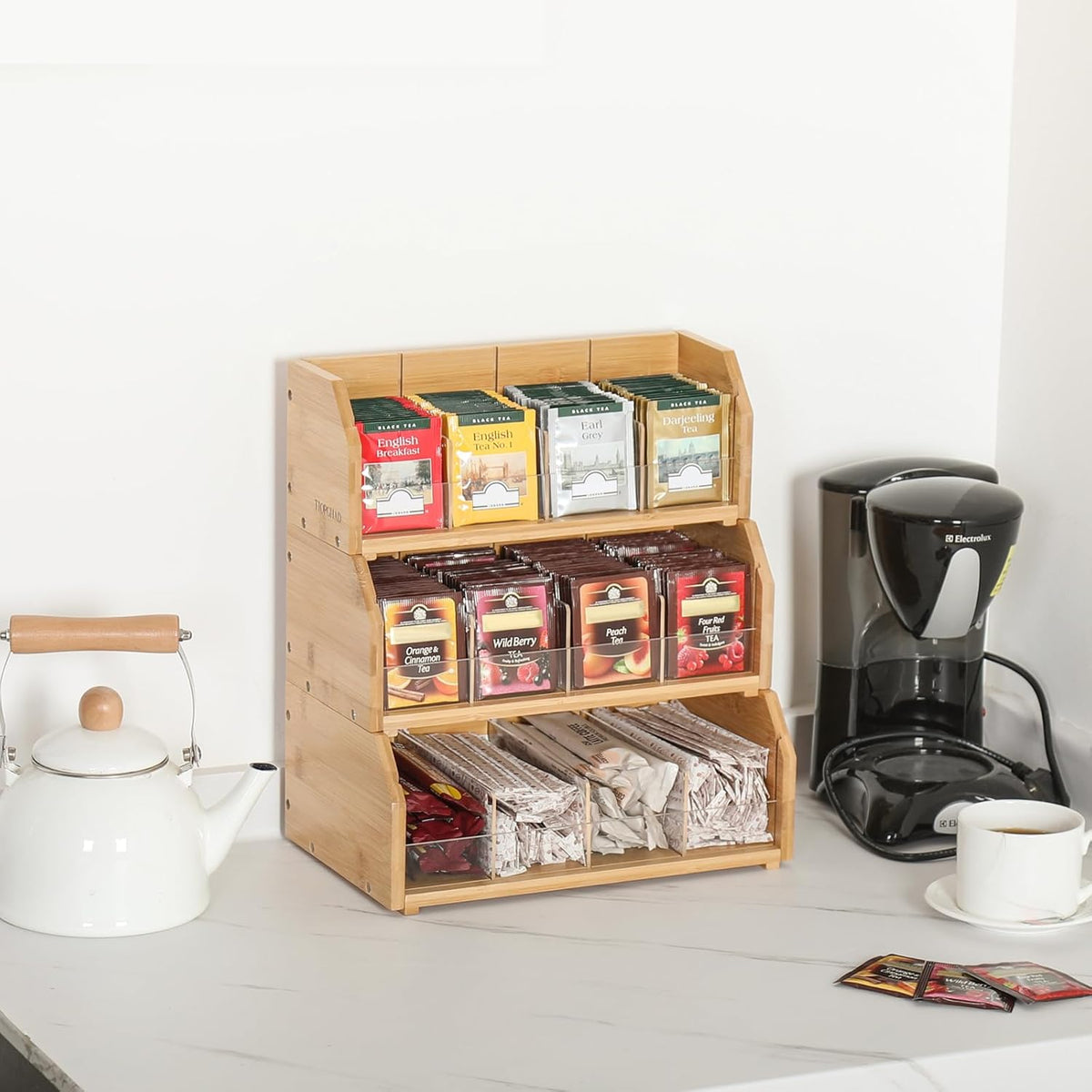 TIOPGHAD 3 Layer Stackable Bamboo Tea Bag Organizer Storage Holder for Tea Bags Wood Tea Box Containers Tea Rack Teabag Station Stand for Cabinet Countertop Office(Patented Design)