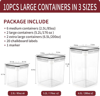 PRAKI Large Airtight Food Storage Containers with Lids, 10PCS Plastic Cereal Storage Containers, Kitchen & Pantry Organizers and Storage for Sugar, Flour, Baking Supplies with Lables & Mark