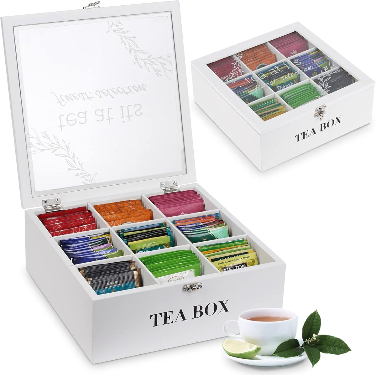 Tea Box Organizer,Wood Tea Bag Holder Organizer,Modern Teas Bag Storage with 9 Compartments and Glass Cover for Home Office Gift