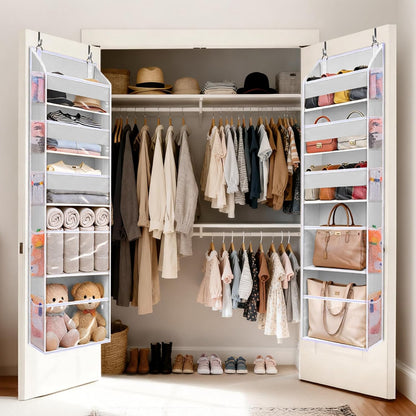 5 Tiers Over the Door Organizer with 10 Mesh Side Pockets, 44 lbs Weight Capacity Closet Hanging Storage Organizer with Large Clear Window Kids Toys, Shoes, Diapers, Beige