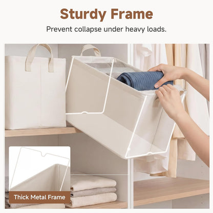 StorageWorks Storage Bins, Shelves Baskets for Organizing, Fabric Closet Organizers with Handles, Metal Frame, Beige-Cotton-linen, 2-Pack