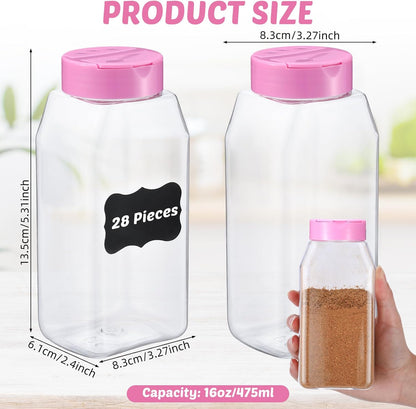 Mifoci 28 Pack 16 oz Plastic Spice Jars with Cap Square Plastic Bottle Containers with Shaker Lids and Stickers Large Seasoning Shaker Empty Powder Storage Container for Storing Salt Herbs (Black)